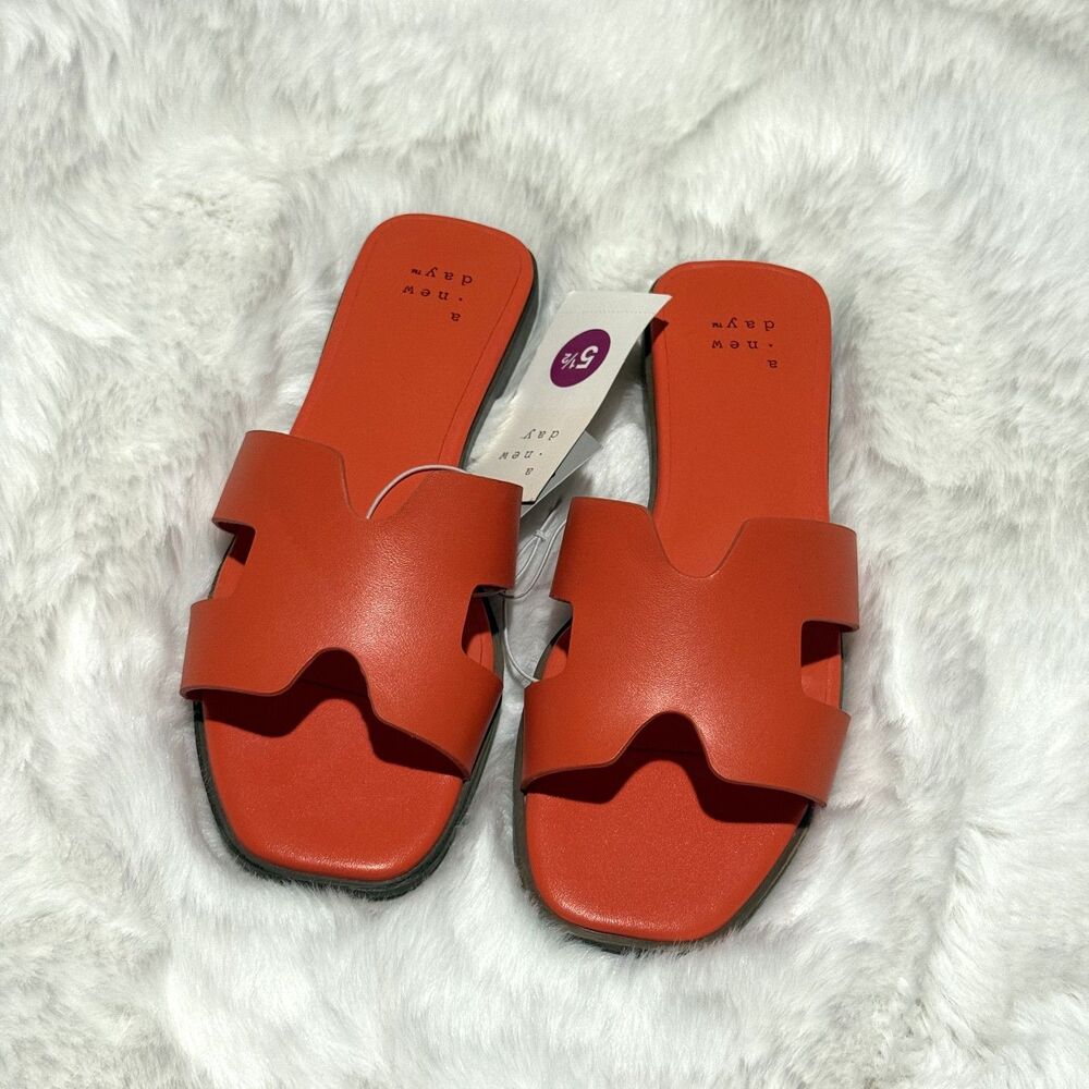 A New Day Women’s Orange Slide Sandals Flat Open Toe Size 5.5 New